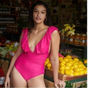 JCrew Fuchsia Ruffle V-Neck One-Piece Swimsuit, Ruched, Size 6, NWT,